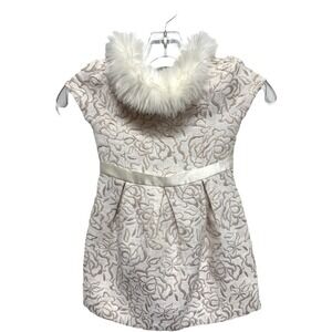 Janie and Jack Pink Rose Gold Holiday Dress Jacquard Ivory Fur Collar Size 4